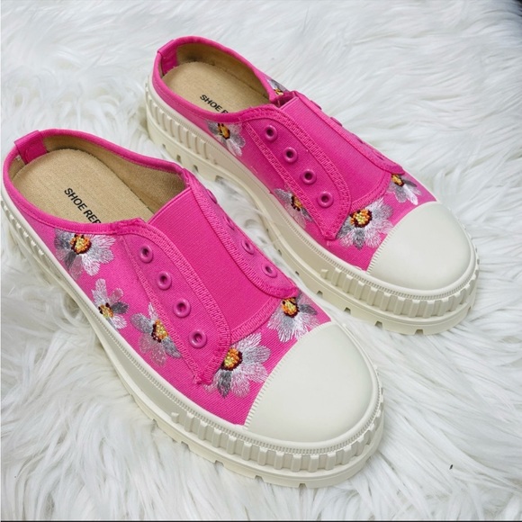 Pink canvas embroidered flower open back slip on chunky sneaker - Picture 5 of 5